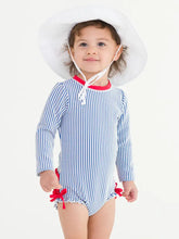 Load image into Gallery viewer, Baby Girls Blue Seersucker Long Sleeve One Piece Rash Guard
