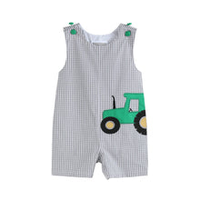 Load image into Gallery viewer, Gray Gingham Green Tractor Applique Shortalls
