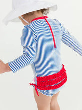Load image into Gallery viewer, Baby Girls Blue Seersucker Long Sleeve One Piece Rash Guard
